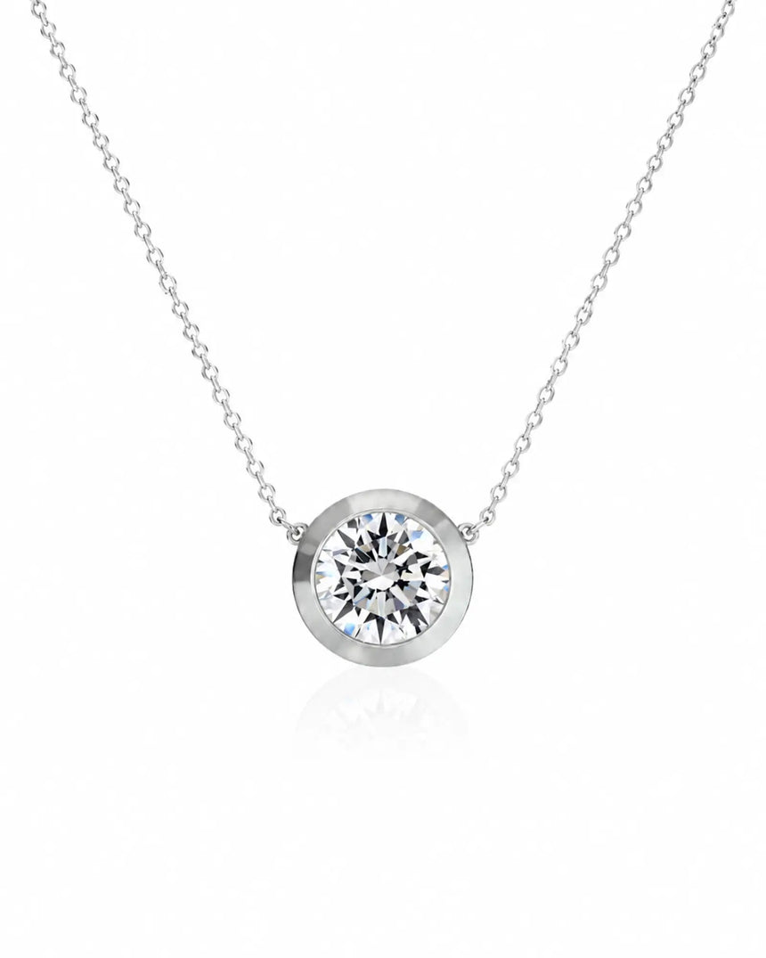 SOLARA Bezel-Set Round Cut solitaire necklace setting in white gold, front view | SARATTI