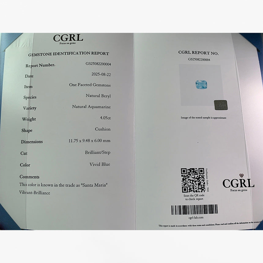 4.05 Carat Santa Maria Aquamarine CGRL Certified Cushion