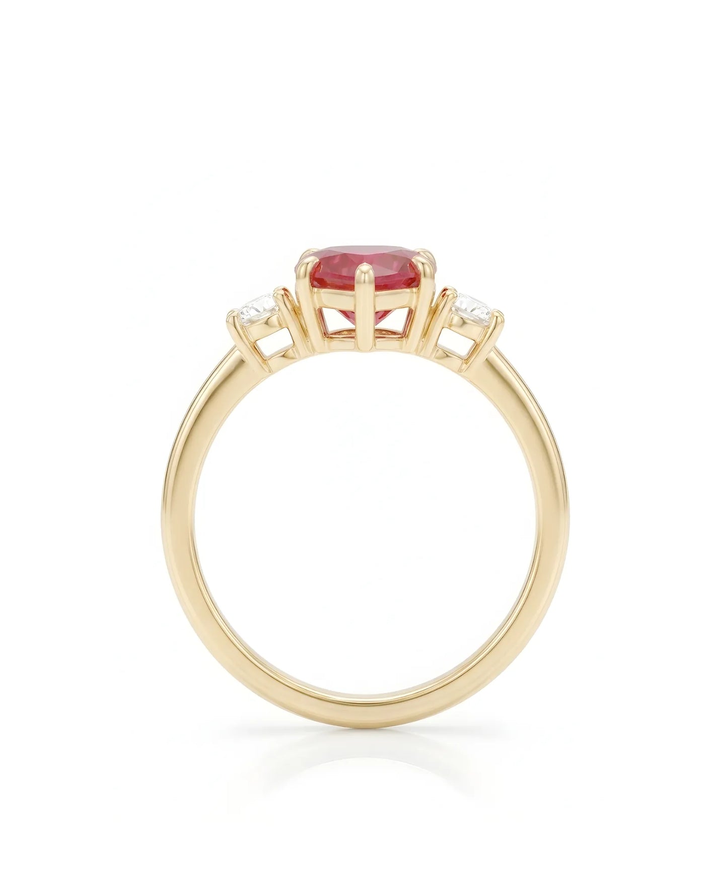 Romantic heart-shaped ruby ring with two diamond side stones in 18K Yellow Gold - SARATTI