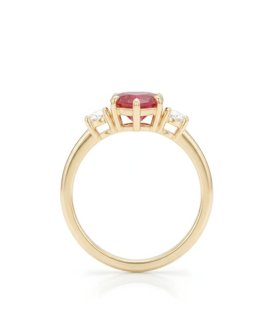 Romantic heart-shaped ruby ring with two diamond side stones in 18K Yellow Gold - SARATTI