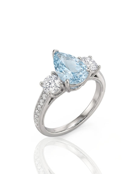 Étoile Trinity pear cut Aquamarine three-stone diamond ring setting in White Gold, 45-degree view | SARATTI