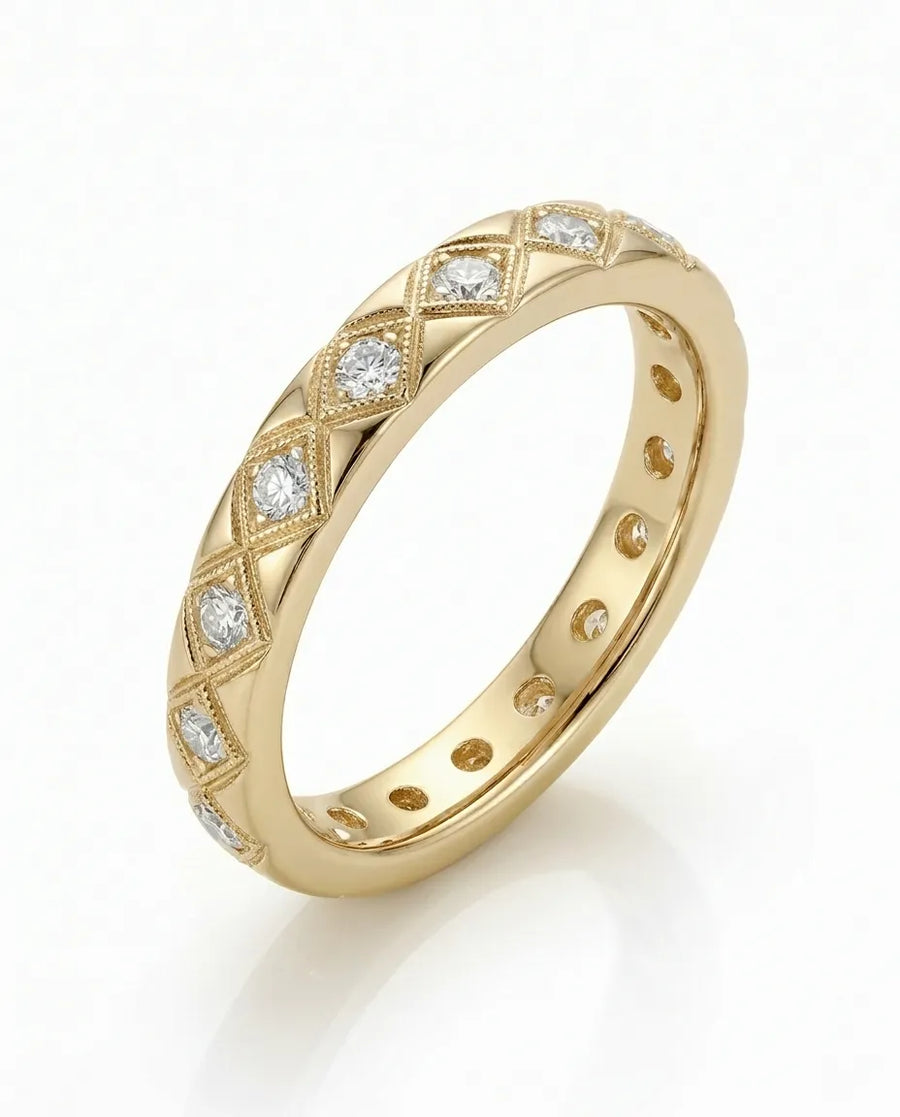 Hot Cross diamond-encrusted wedding band in yellow gold, 45-degree view | SARATTI