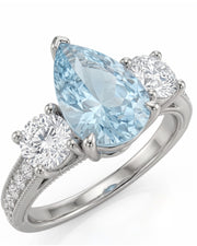 Étoile Trinity pear cut Aquamarine three-stone diamond ring setting in White Gold, front view | SARATTI
