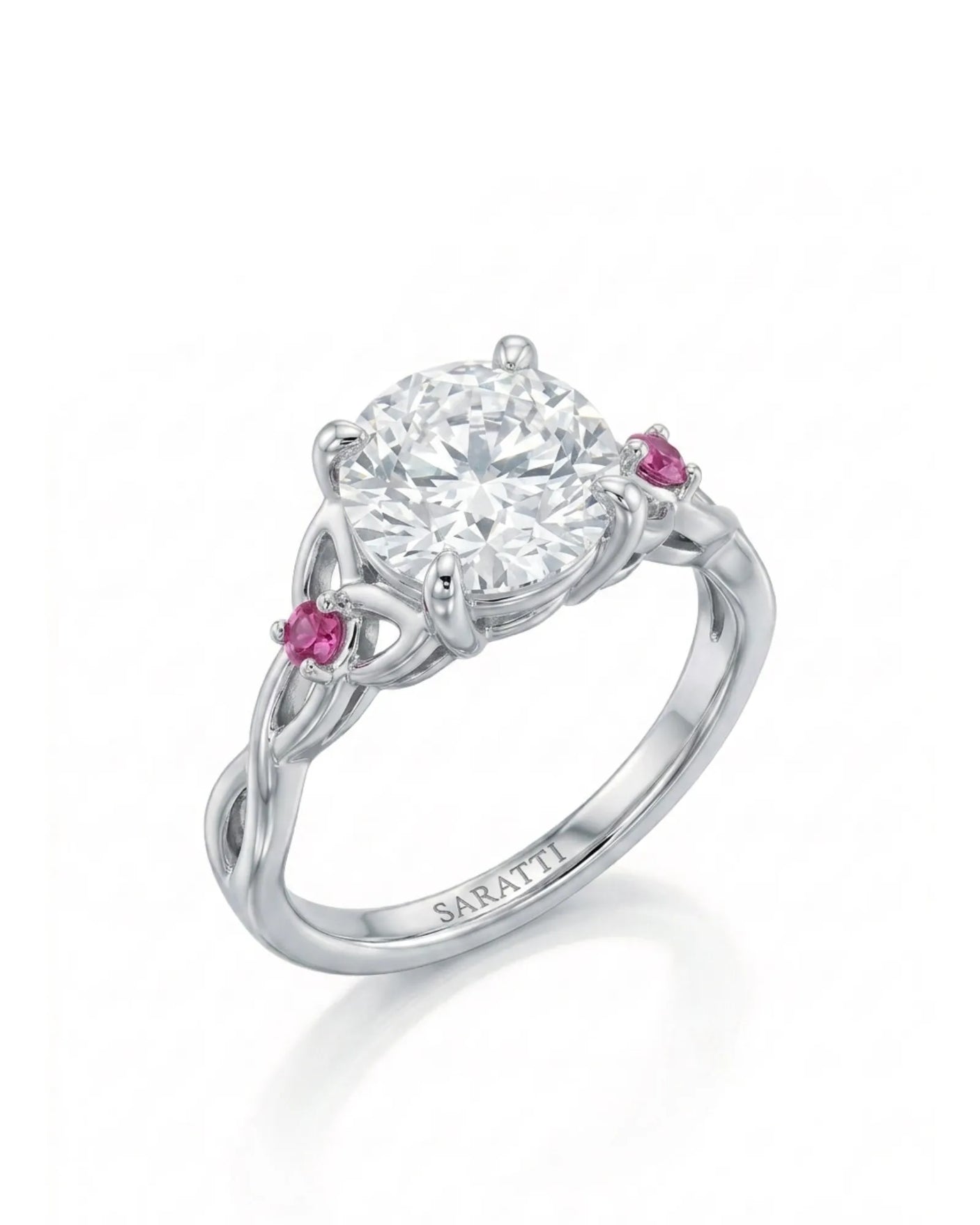 Regina – Natural Round Diamond & Ruby Celtic Knot Engagement Ring