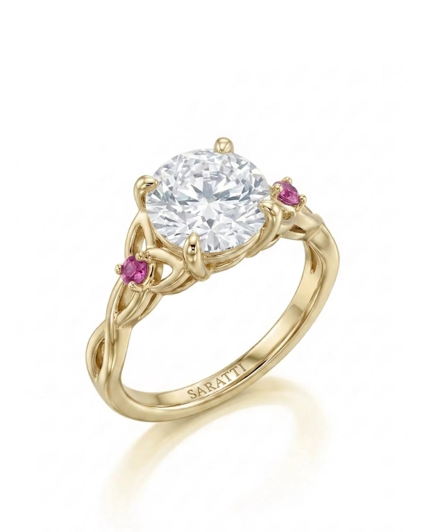 Regina – Natural Round Diamond & Ruby Celtic Knot Engagement Ring