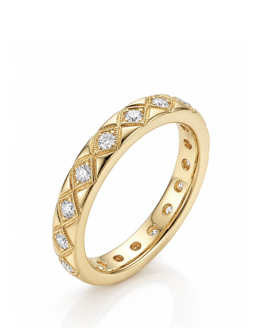 Hot Cross diamond-encrusted wedding band in yellow gold, 45-degree view | SARATTI