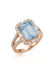 Aureline Halo emerald cut Aquamarine diamond split shank ring setting in rose gold, main view | SARATTI
