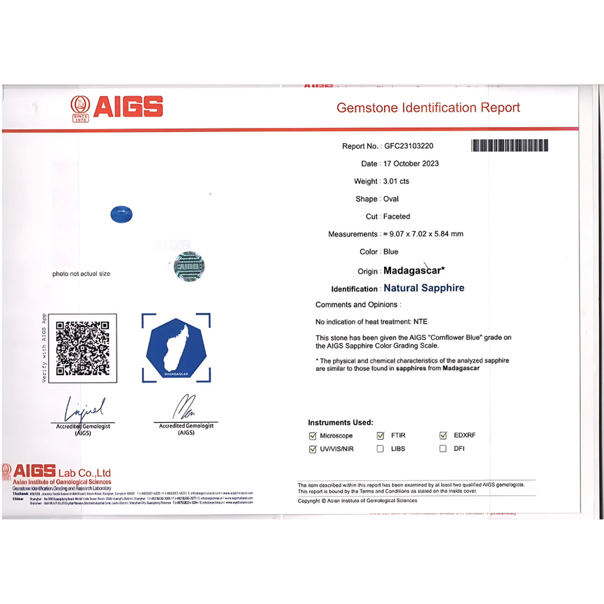 AIGS Certificate for 3.01 cts Sapphire Gemstone | Saratti