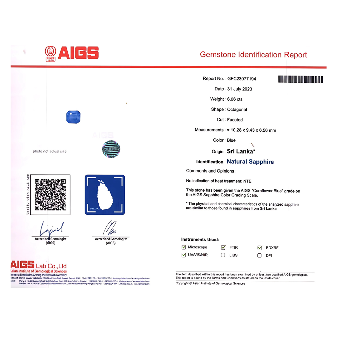 AIGS Certified Emerald Cut Royal Blue Sapphire Certificate | 6.06 cts | Saratti Jewelry