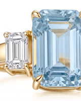 Three stone emerald cut Aquamarine ring setting in 18K Yellow Gold with diamond sides | SARATTI