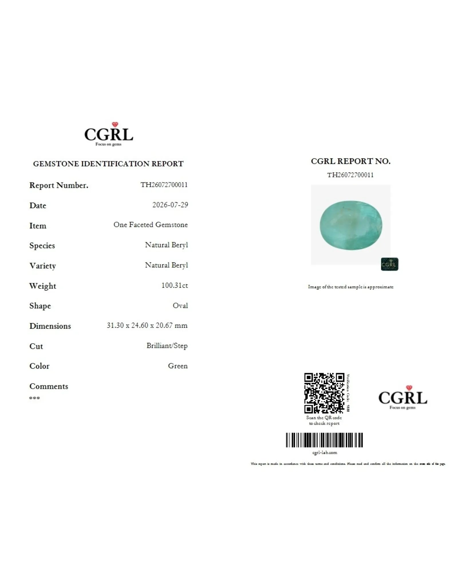 CGRL Certified 100.31 ct Natural Green Beryl | Oval Brilliant/Step Cut