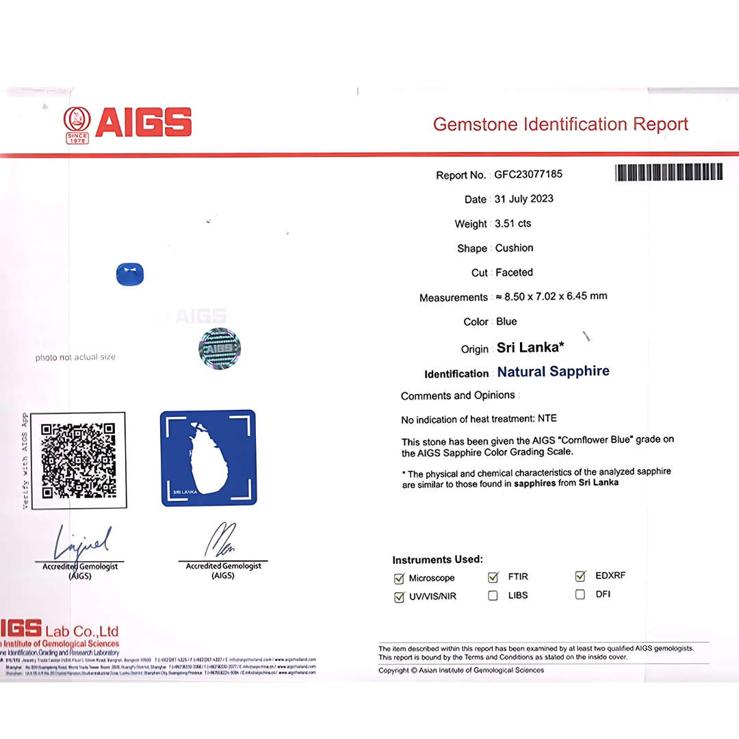 AIGS Certificate for Sri-Lanka Cornflower Blue Sapphire Gemstone | Saratti