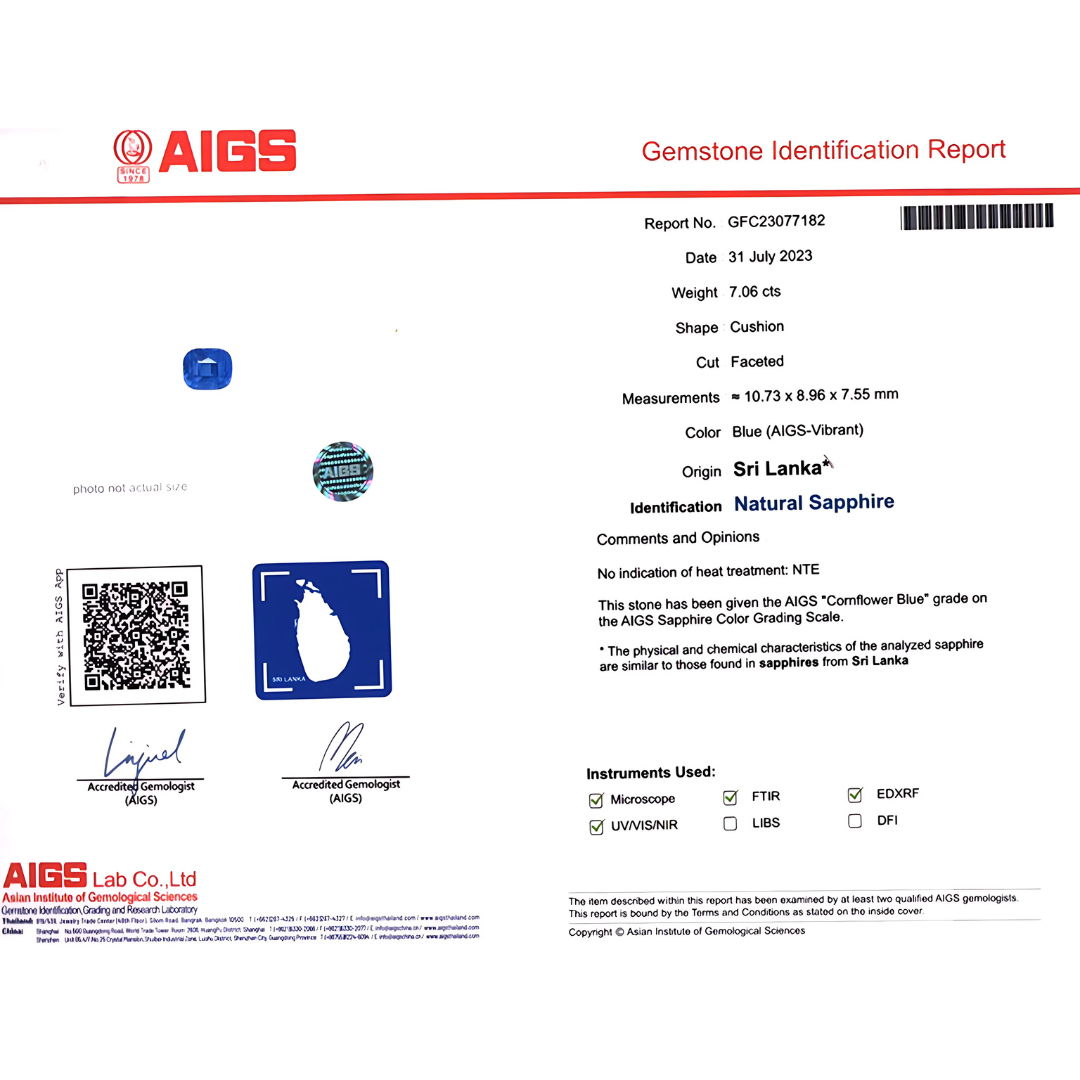 7.06 cts Unheated Cornflower Blue Natural Sapphire | AIGS Certified