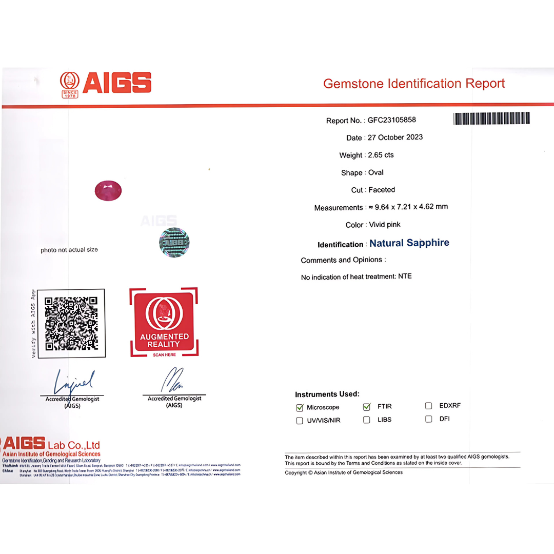 AIGS Lab Certificate for Oval VIVID PINK Genuine Sapphire | Saratti