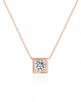 SOLARA Bezel-Set Princess Cut solitaire necklace setting in rose gold, front view | SARATTI
