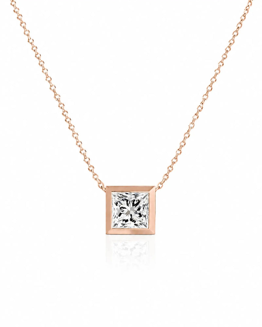 SOLARA Bezel-Set Princess Cut solitaire necklace setting in rose gold, front view | SARATTI