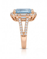 Aureline Halo Aquamarine split shank diamond ring setting in rose gold, side profile | SARATTI