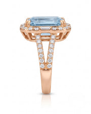 Aureline Halo Aquamarine split shank diamond ring setting in rose gold, side profile | SARATTI