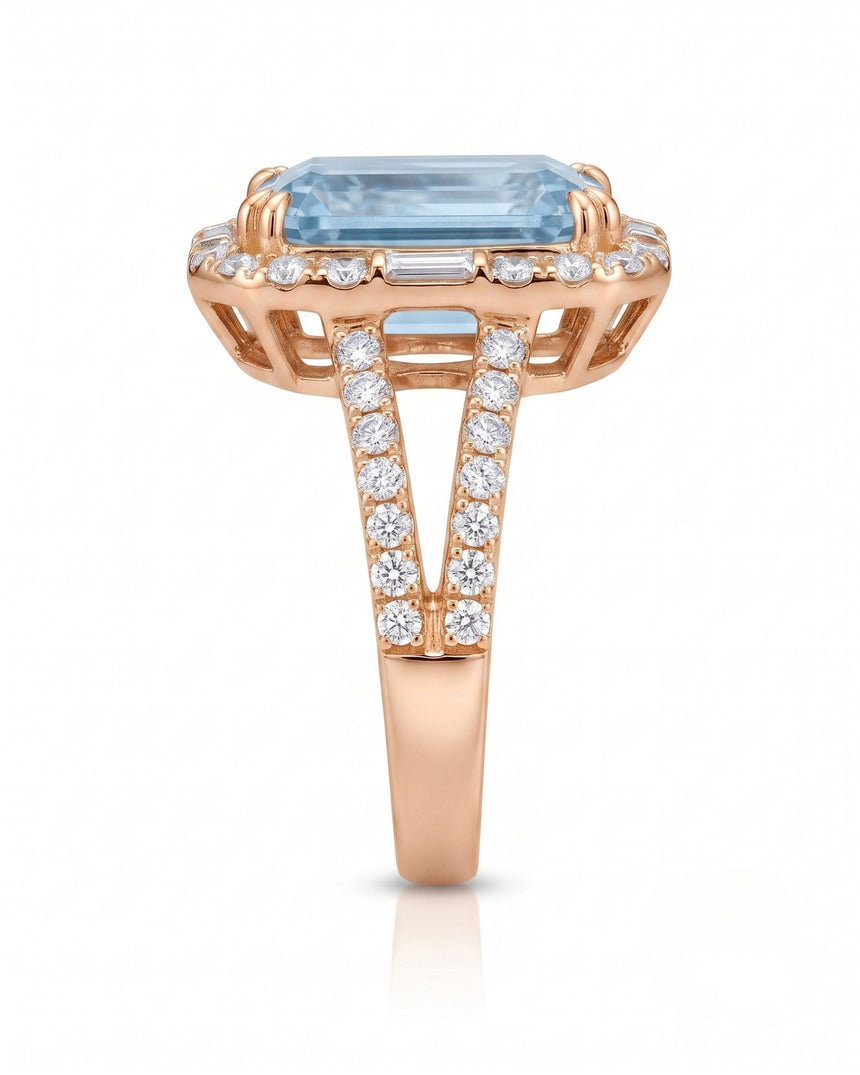 Aureline Halo Aquamarine split shank diamond ring setting in rose gold, side profile | SARATTI