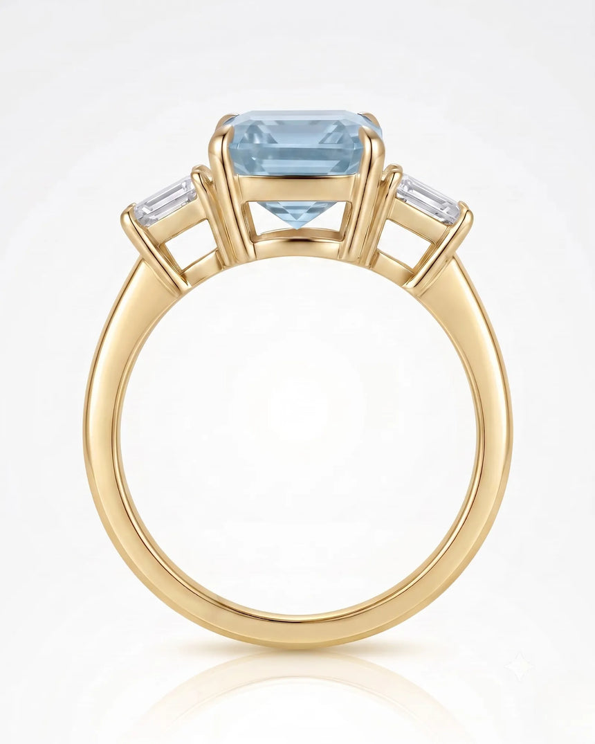 18K Yellow Gold Natural Aquamarine engagement ring setting with emerald cut center profile | SARATTI
