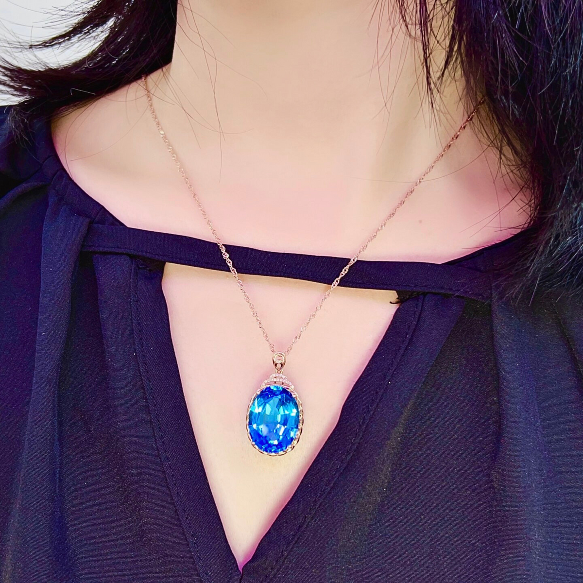 Vintage Inspired Oval Blue Topaz Necklace with Diamonds