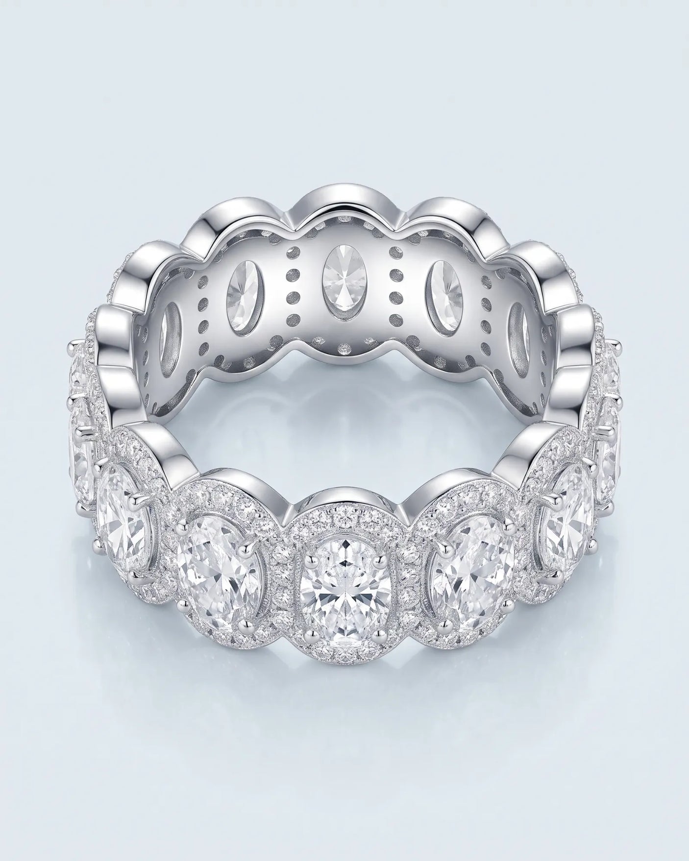Oval Ring Wedding Band with Halo in White Gold