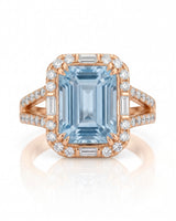 Aureline Halo emerald cut Aquamarine diamond halo ring setting in rose gold, front view | SARATTI