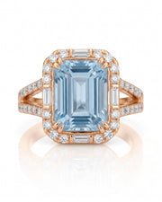 Aureline Halo emerald cut Aquamarine diamond halo ring setting in rose gold, front view | SARATTI