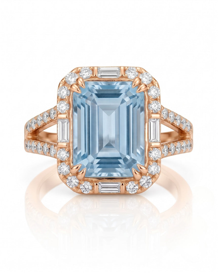 Aureline Halo emerald cut Aquamarine diamond halo ring setting in rose gold, front view | SARATTI
