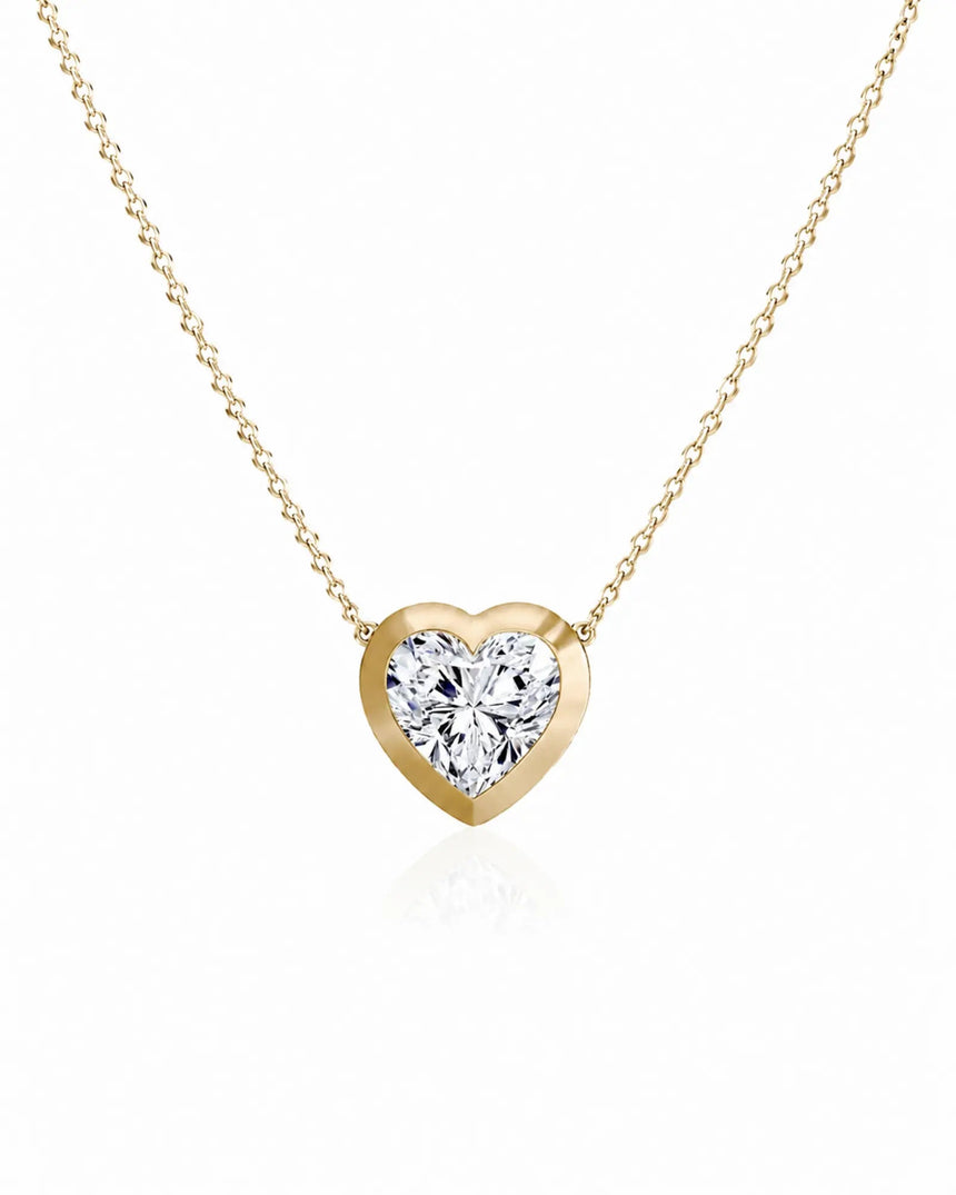 SOLARA Bezel-Set Heart Cut solitaire necklace setting in yellow gold, front view | SARATTI