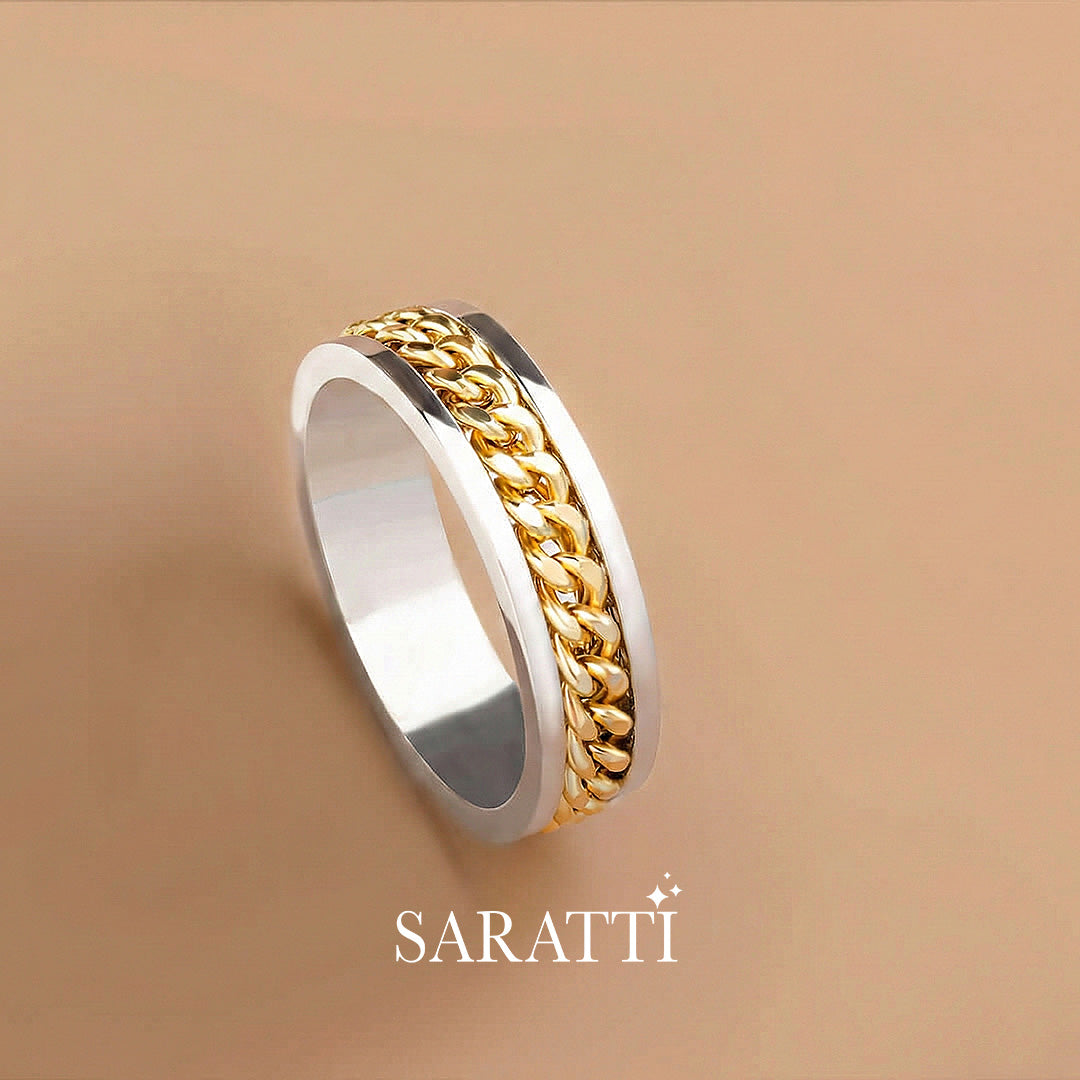 6mm cuban link ring two tone gold chain band | SARATTI