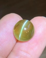 Macro view of 7.37 carat Honey Color Cat's-Eye Chrysoberyl showing the eye shifted across the domed cabochon