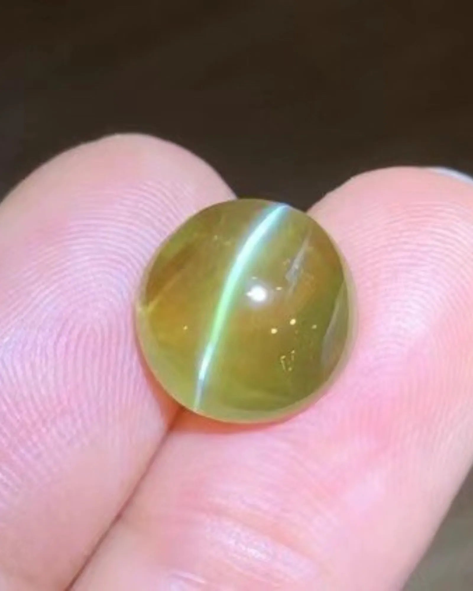 Macro view of 7.37 carat Honey Color Cat's-Eye Chrysoberyl showing the eye shifted across the domed cabochon