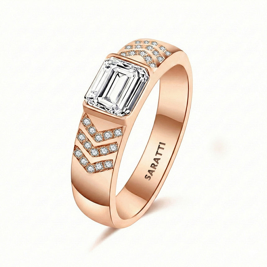 Emerald cut diamond wedding band luxury tension set ring in 18K rose gold | SARATTI