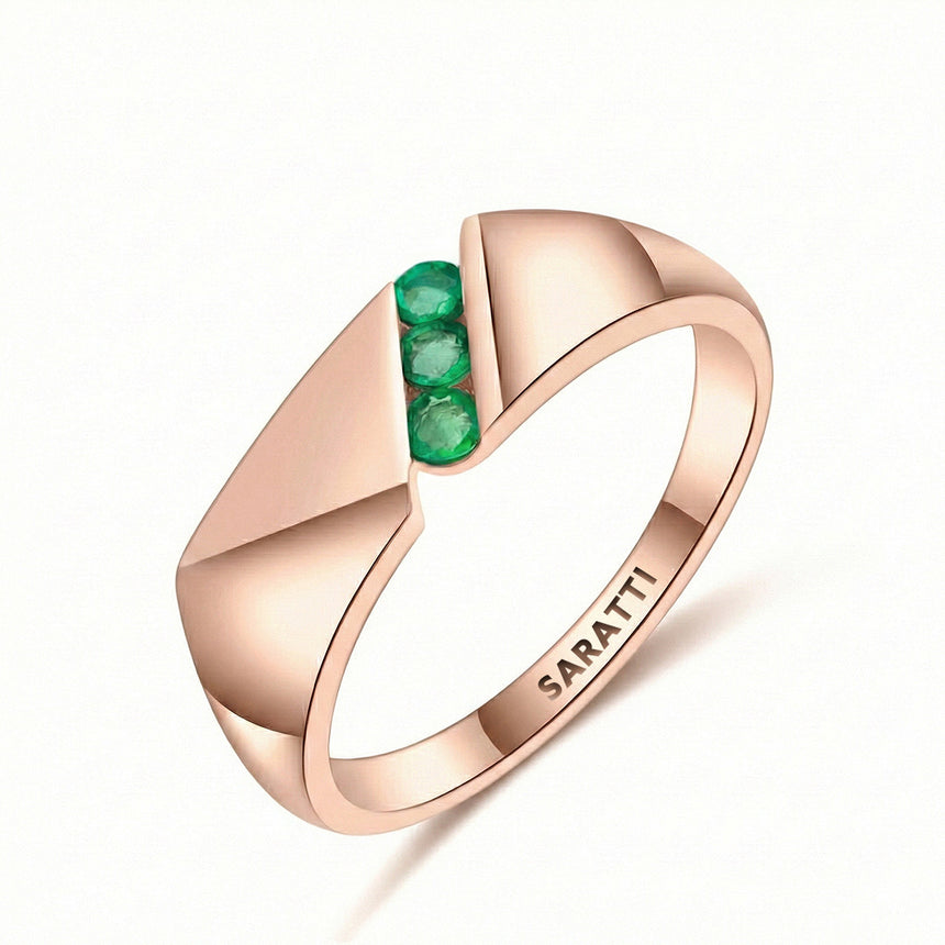 Mens emerald ring luxury three stone channel set wedding band in 18K rose gold | SARATTI