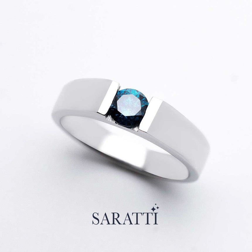 Blue mens wedding band handcrafted round blue diamond ring in platinum | SARATTI
