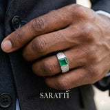 Mens emerald ring worn on hand in platinum | SARATTI