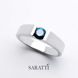 Blue mens wedding band handcrafted round blue diamond ring in 18K white gold | SARATTI