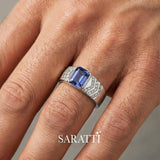 Mens ring with tanzanite and diamonds worn on hand in Platinum | SARATTI