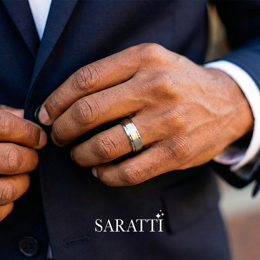 Mens comfort fit wedding band rounded interior comfort fit detail in platinum | SARATTI