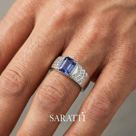 Mens ring with tanzanite and diamonds handcrafted wedding ring in 18K white gold | SARATTI