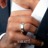 Mens emerald ring handcrafted three stone emerald wedding band in 18K white gold | SARATTI