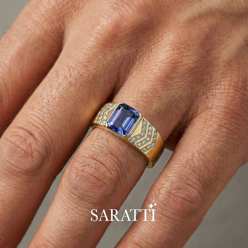 Mens ring with tanzanite and diamonds handcrafted wedding ring in 18K yellow gold | SARATTI