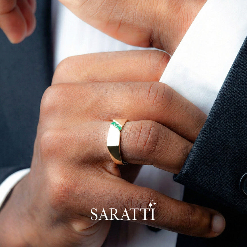 Mens emerald ring handcrafted three stone emerald wedding band in 18K yellow gold | SARATTI