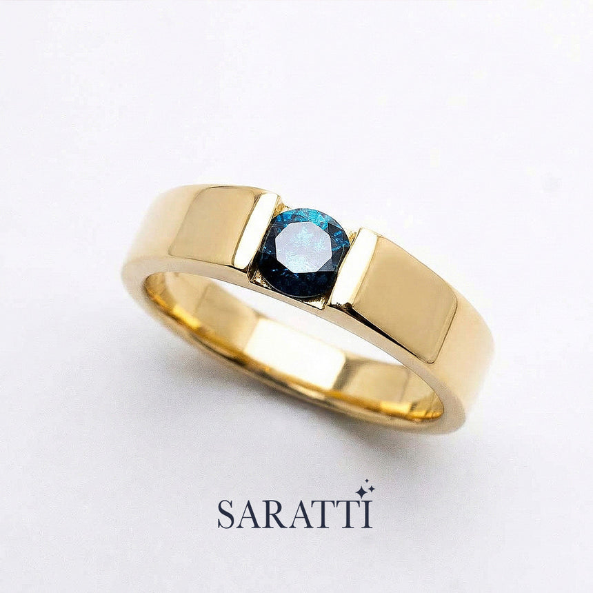 Blue mens wedding band handcrafted round blue diamond ring in 18K yellow gold | SARATTI