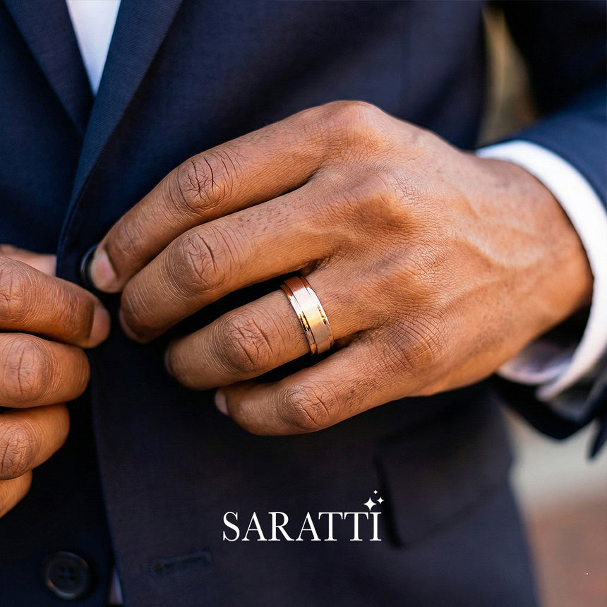 Mens comfort fit wedding band rounded interior comfort fit detail in 18K rose gold | SARATTI