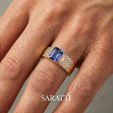 Mens ring with tanzanite and diamonds worn on hand in 18K rose gold | SARATTI