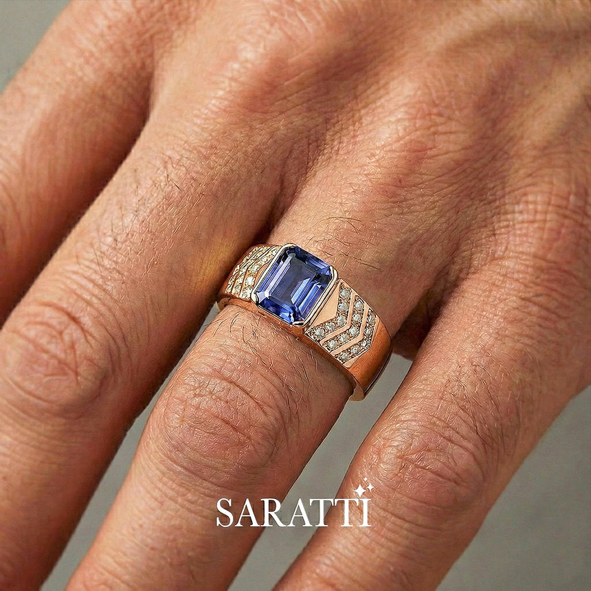 Mens ring with tanzanite and diamonds worn on hand in 18K rose gold | SARATTI
