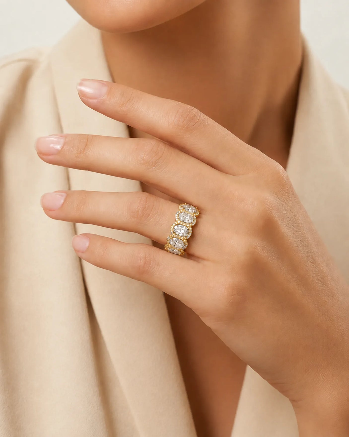 Oval Ring Wedding Band with Halo in White Gold