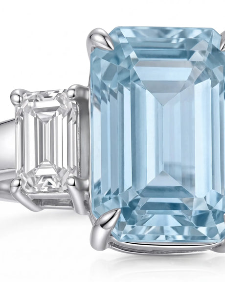18K White Gold Natural Aquamarine engagement ring setting with emerald cut center and diamond accents | SARATTI